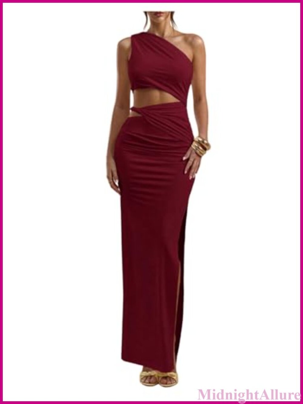 One Shoulder Cutout Bodycon Maxi Dress Ruched High Slit Sleeveless